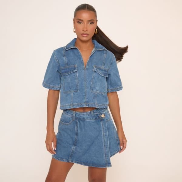 EGO EGO Boxy Cropped Short Sleeve Denim Top in Blue