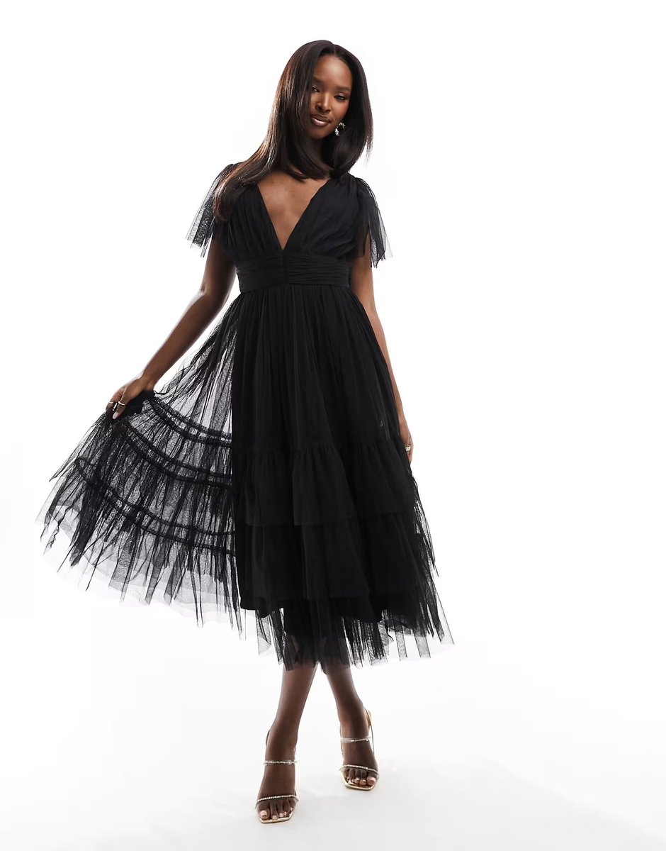 ASOS Lace & Beads Bridesmaid Madison v neck tulle midi dress in black - 1