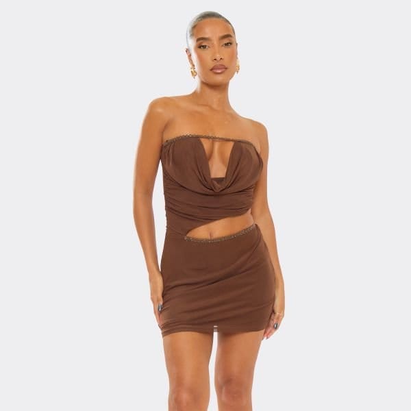EGO Bandeau Trim Cut Out Detail Mini Dress In Chocolate Brown Mesh, Women's Size UK 6 - 1