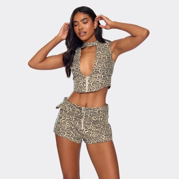 EGO Plunge Chocker Neck Zip Up Front Top In Brown Leopard Print, Women's Size UK 6