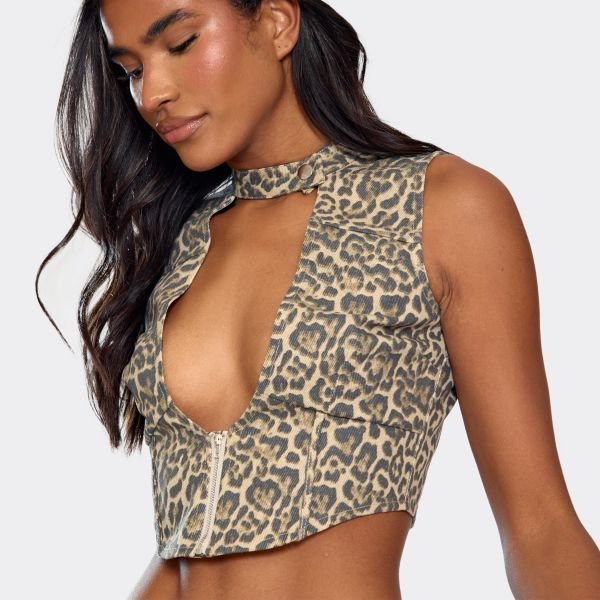 EGO Plunge Chocker Neck Zip Up Front Top In Brown Leopard Print, Women's Size UK 6 - 2