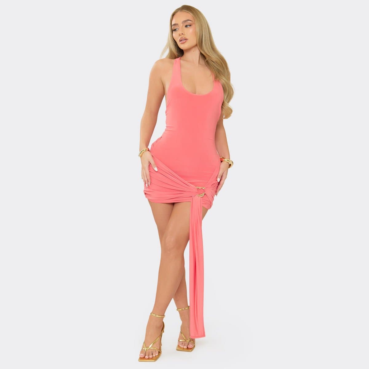 EGO Sleeveless Low Racer Back Drape Trim Mini Dress In Coral Slinky, Women's Size UK 6