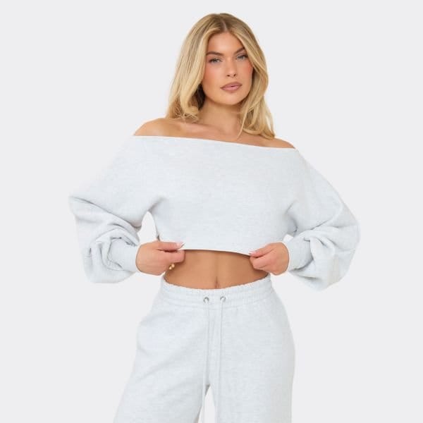 EGO Long Sleeve Off The Shoulder Sweatshirt In Light Grey Marl, Women's Size UK 6 - 1