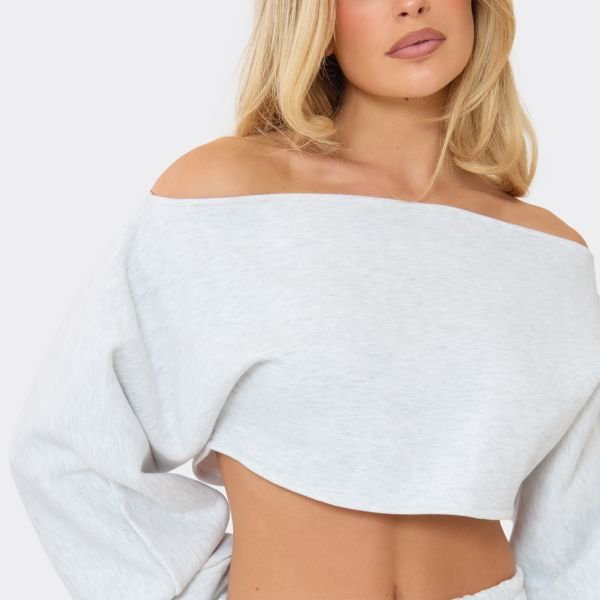 EGO Long Sleeve Off The Shoulder Sweatshirt In Light Grey Marl, Women's Size UK 6 - 2