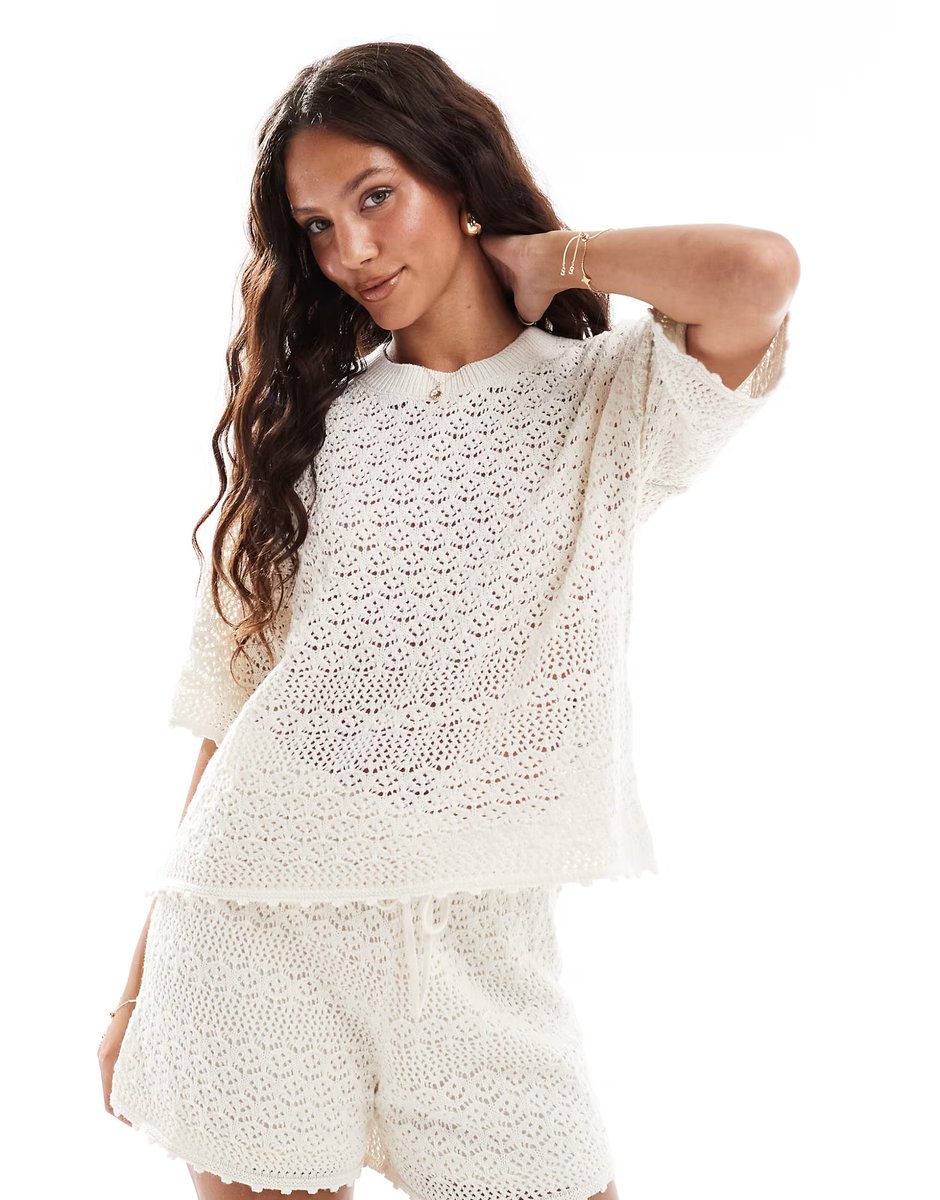 ASOS Vero Moda crochet boxy tee co-ord in birch cream - 1