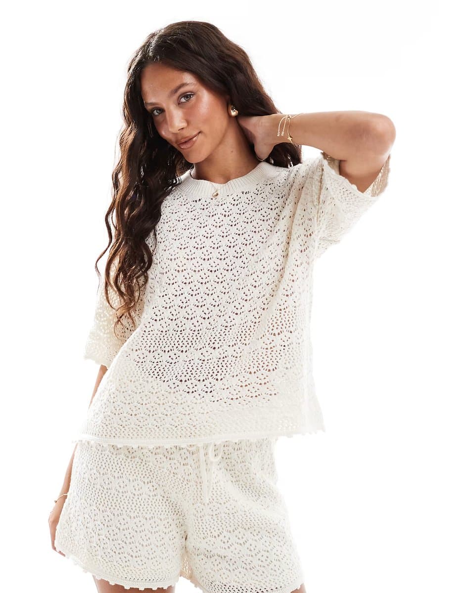 ASOS Vero Moda crochet boxy tee co-ord in birch cream