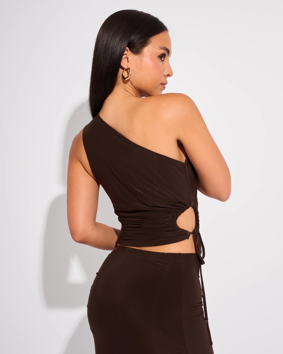 Public Desire Slinky Ruched Detail One Shoulder Top Chocolate - 2