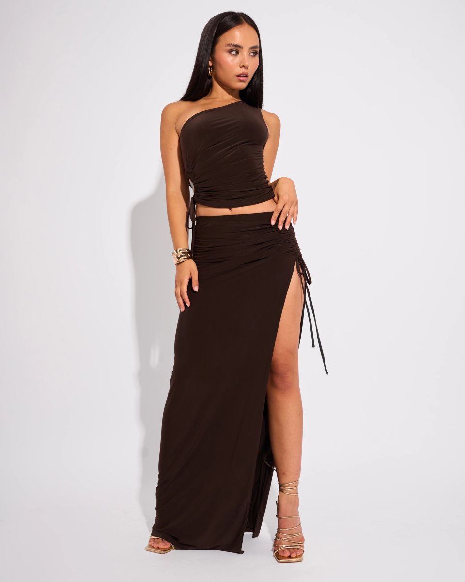 Public Desire Slinky Ruched Detail One Shoulder Top Chocolate - 3