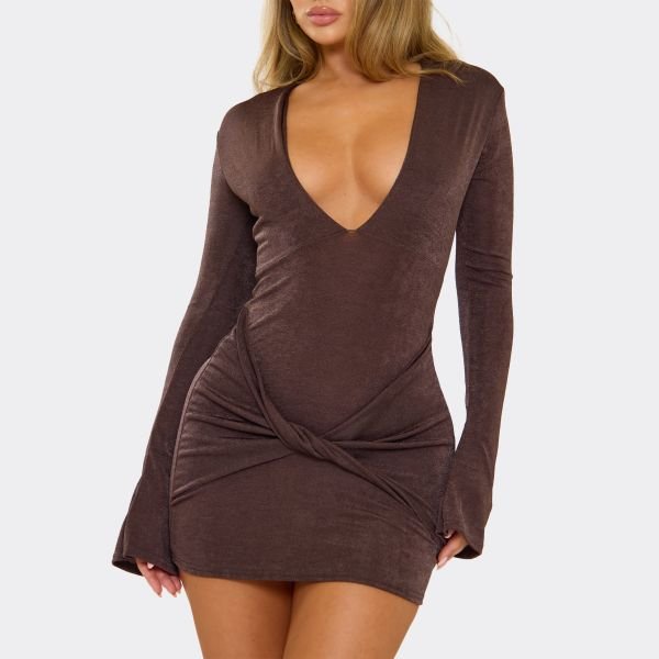 EGO Flare Sleeve Plunge Mini Dress In Chocolate Brown, Women's Size UK 6 - 2