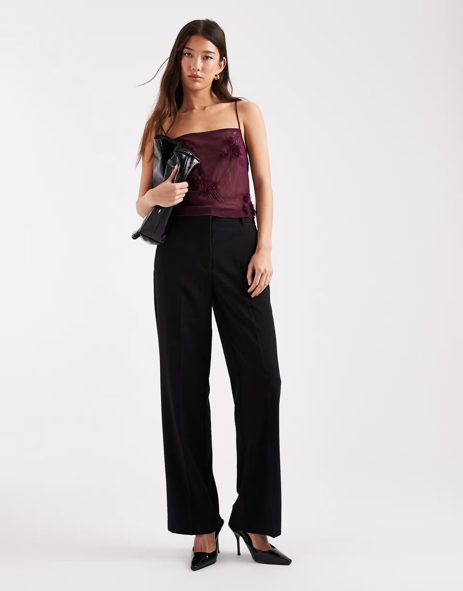 ASOS ASOS DESIGN 3D floral applique sequin sheer mesh cami top in burgundy - 2