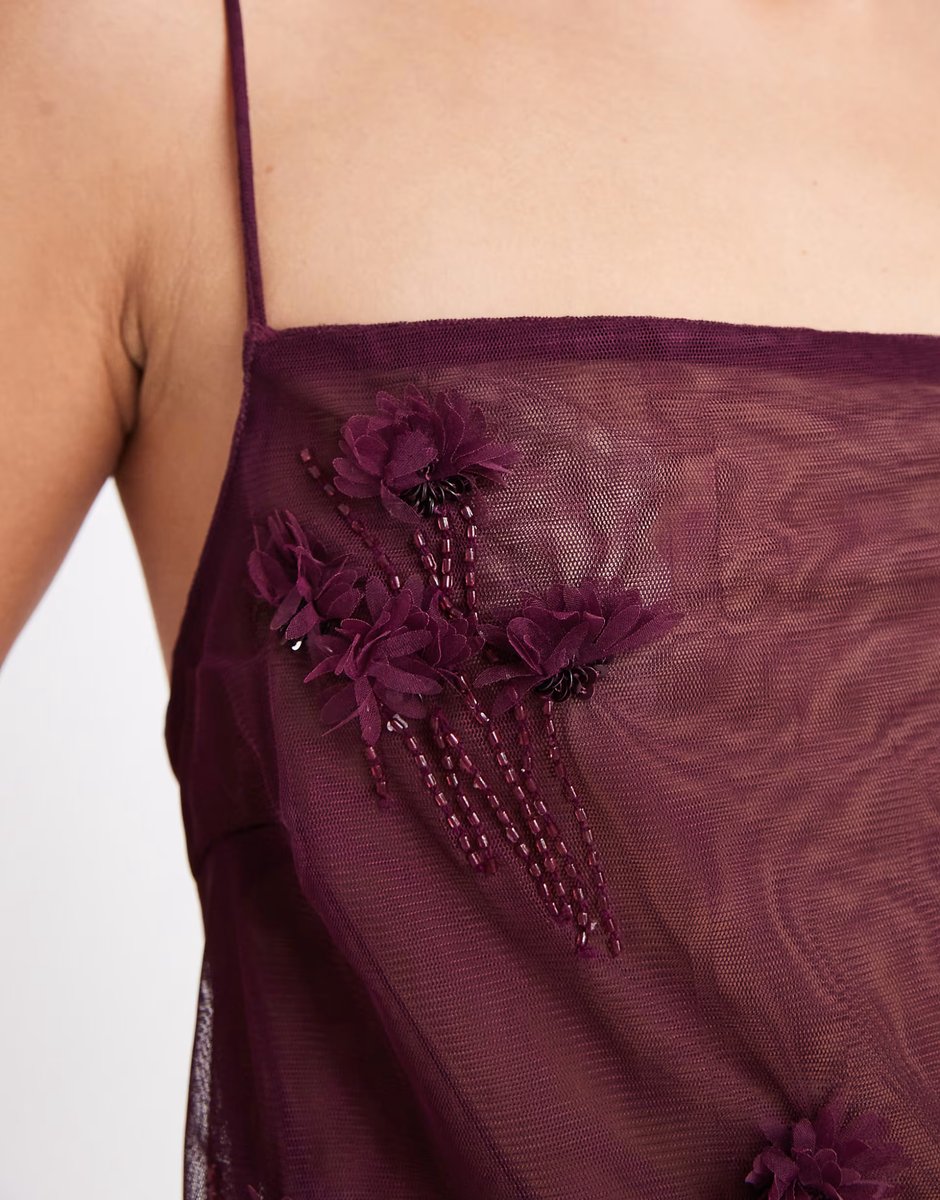 ASOS ASOS DESIGN 3D floral applique sequin sheer mesh cami top in burgundy - 3