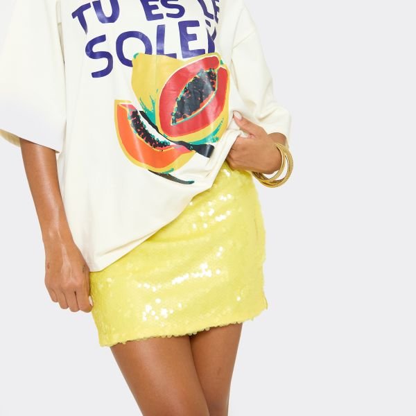 EGO Mid Rise Mini Skirt In Lemon Sequin, Women's Size UK 6 - 2