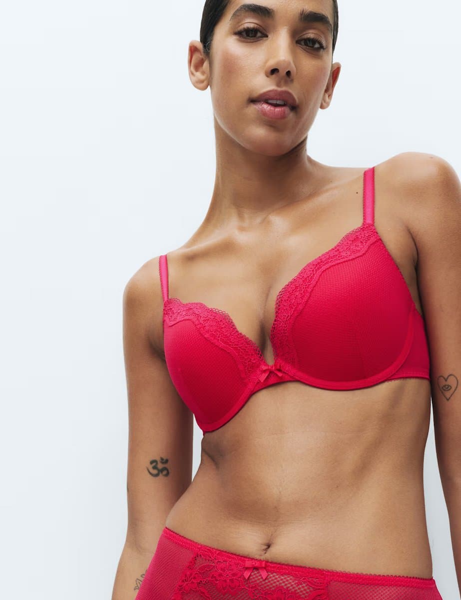 Marks & Spencer M&S Jasmine Lace Wired Push Up Plunge Bra (A-E) Geranium