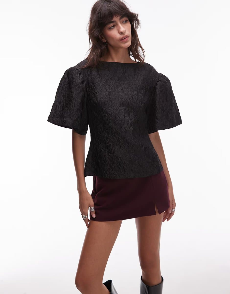 ASOS & Other Stories pouf sleeve jacquard texture top in black