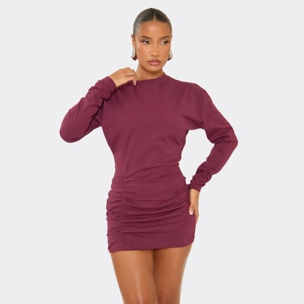 EGO Long Sleeve Ruched Detail T-Shirt Dress In Plum, Women's Size UK 6 - 1