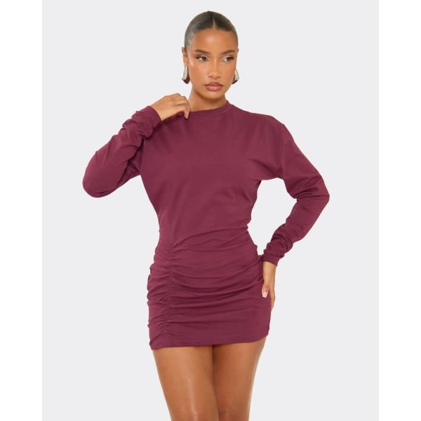 EGO Long Sleeve Ruched Detail T-Shirt Dress In Plum, Women's Size UK 6 - 2