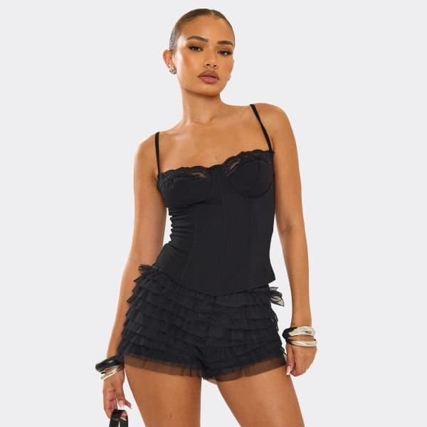 EGO EGO Black Mid-Rise Ruffle Layered Detail Micro Shorts