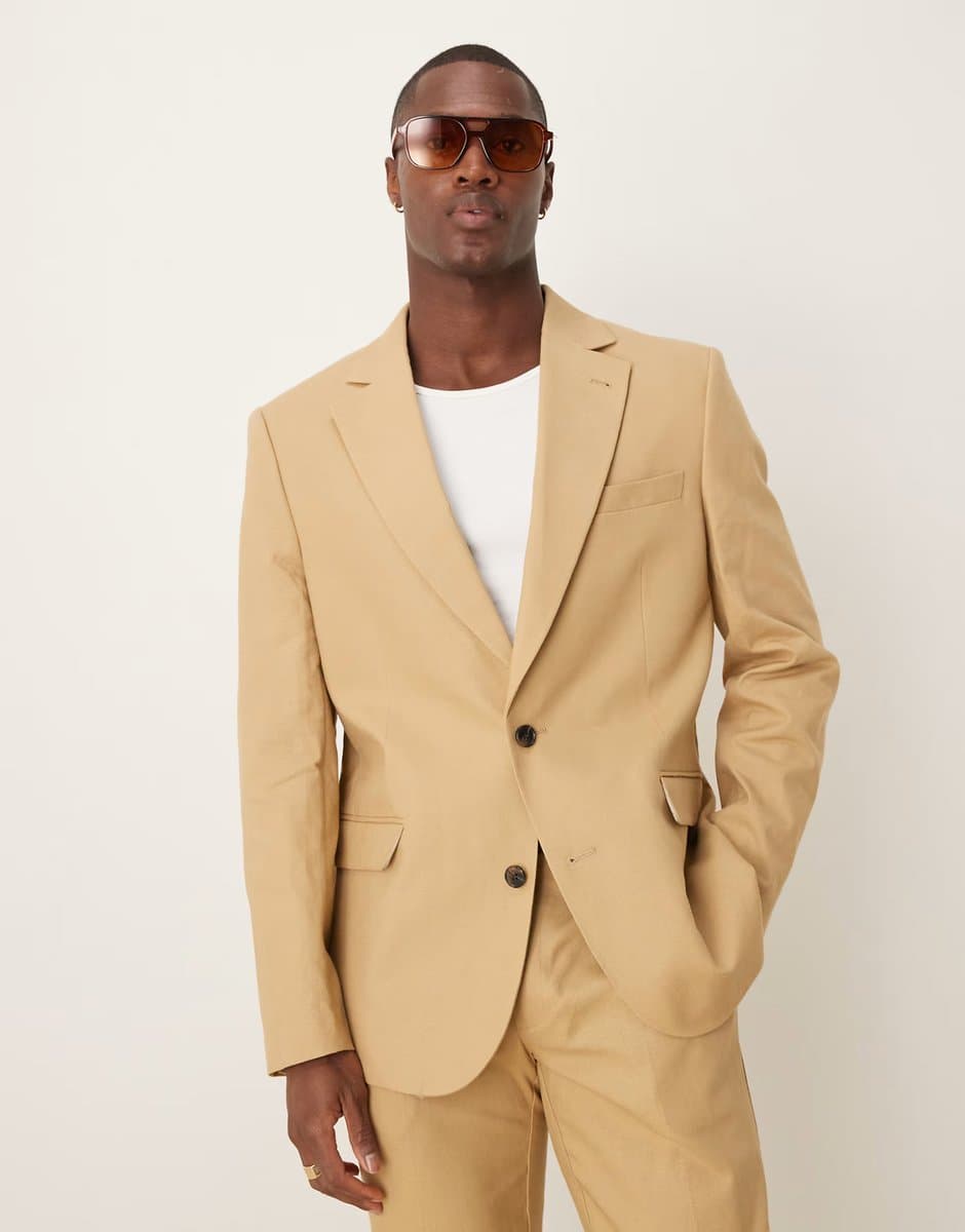 ASOS ASOS DESIGN Beige Linen Blend Slim Suit Jacket