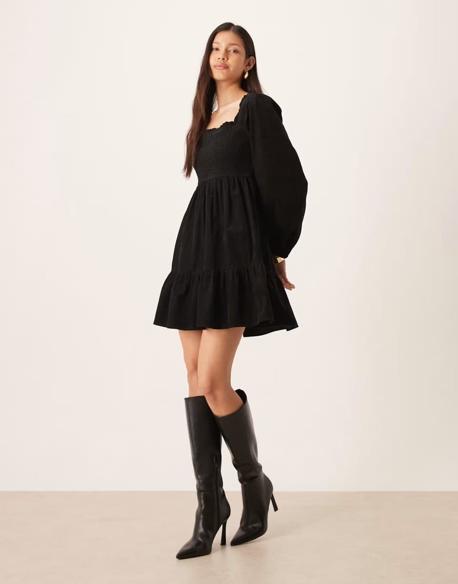 ASOS Nobody's Child Elsa cord tiered mini dress with balloon sleeves in black