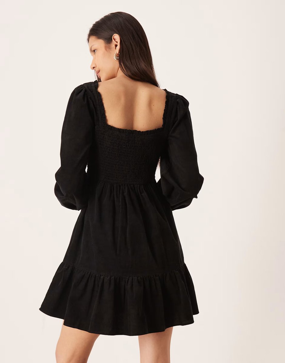 ASOS Nobody's Child Elsa cord tiered mini dress with balloon sleeves in black - 3