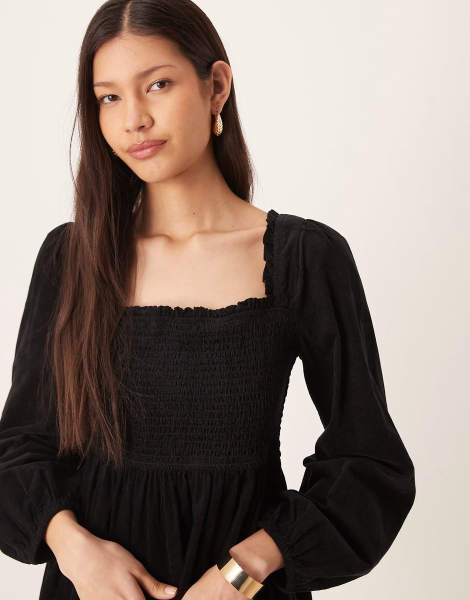 ASOS Nobody's Child Elsa cord tiered mini dress with balloon sleeves in black - 4