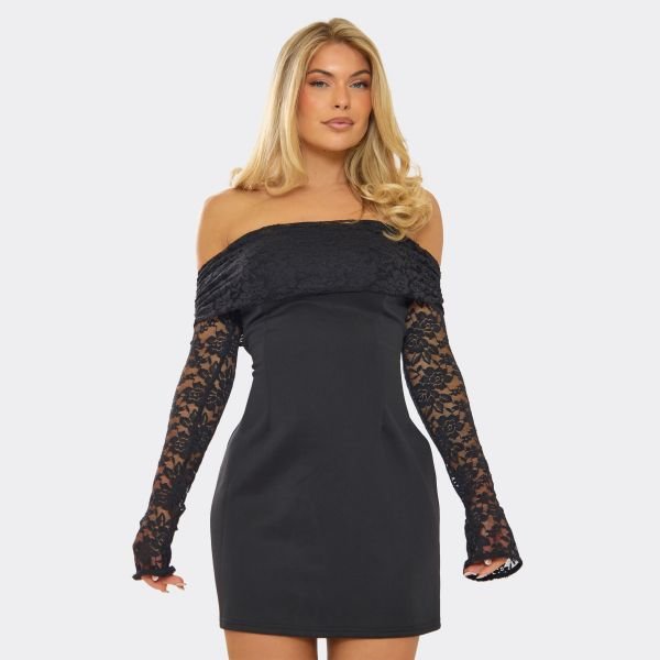 EGO Long Sleeve Bardot A Line Mini Dress In Black Lace, Women's Size UK Small S - 1