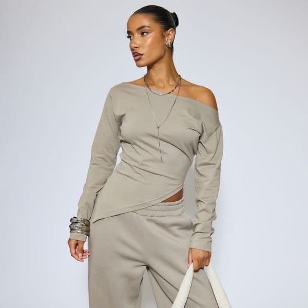 EGO EGO Asymmetric Long Sleeve Cinched Waist Top in Taupe