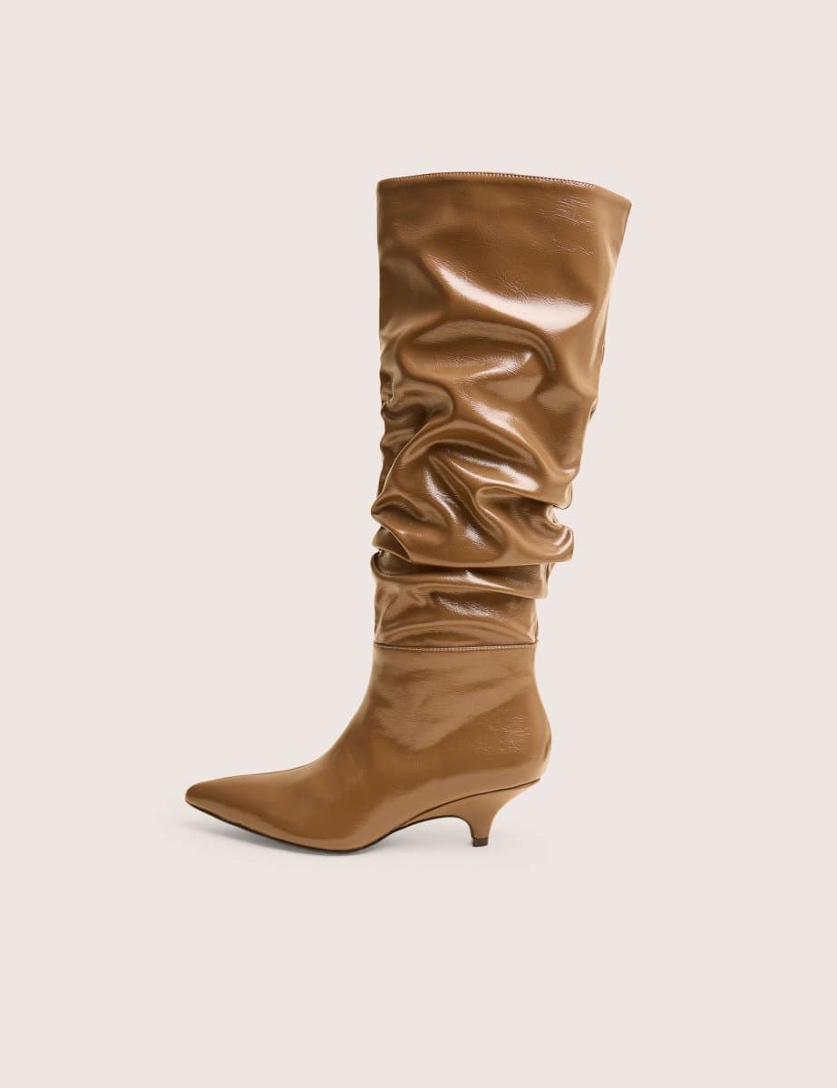 Public Desire La Dolce Vita Taupe Ruched Kitten Heel Knee High Boots