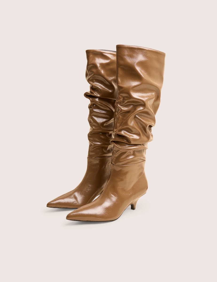 Public Desire La Dolce Vita Taupe Ruched Kitten Heel Knee High Boots - 2