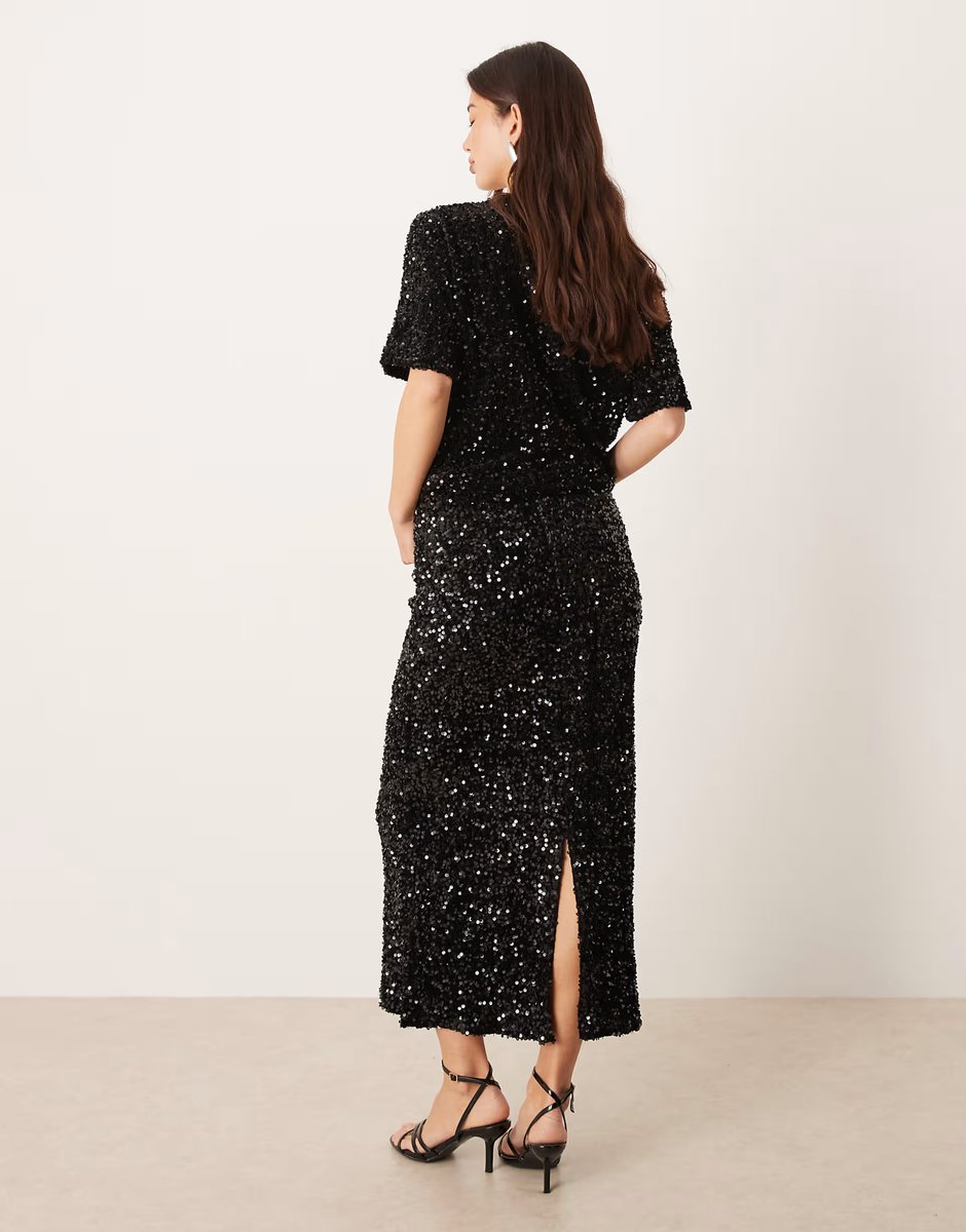 ASOS Vila sequin & velour maxi skirt co-ord in black - 2