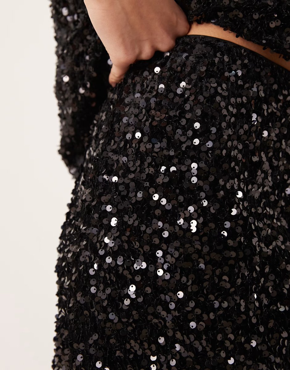 ASOS Vila sequin & velour maxi skirt co-ord in black - 4