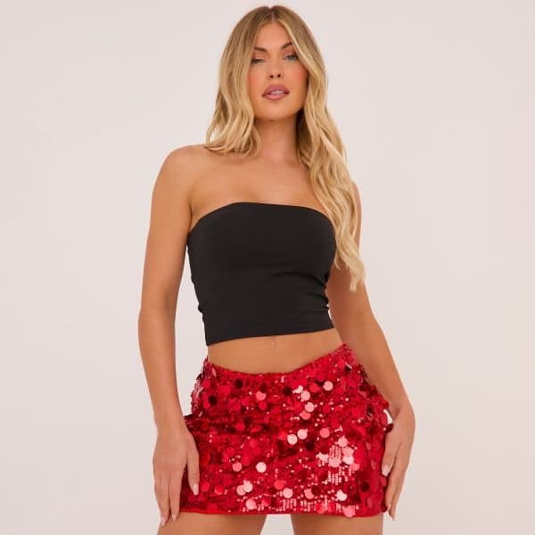 EGO Mid Rise Disc Sequin Mini Skirt In Red, Women's Size UK 8