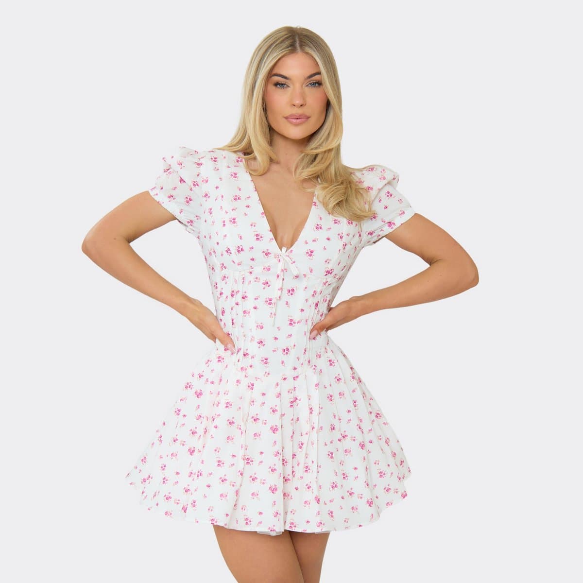EGO Short Puff Sleeve Mini Shift Dress In White Ditsy Floral Print, Women's Size UK 6
