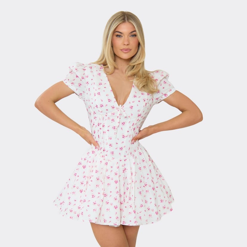 EGO Short Puff Sleeve Mini Shift Dress In White Ditsy Floral Print, Women's Size UK 6 - 1