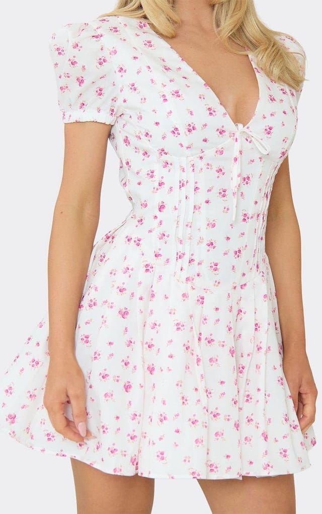 EGO Short Puff Sleeve Mini Shift Dress In White Ditsy Floral Print, Women's Size UK 6 - 2