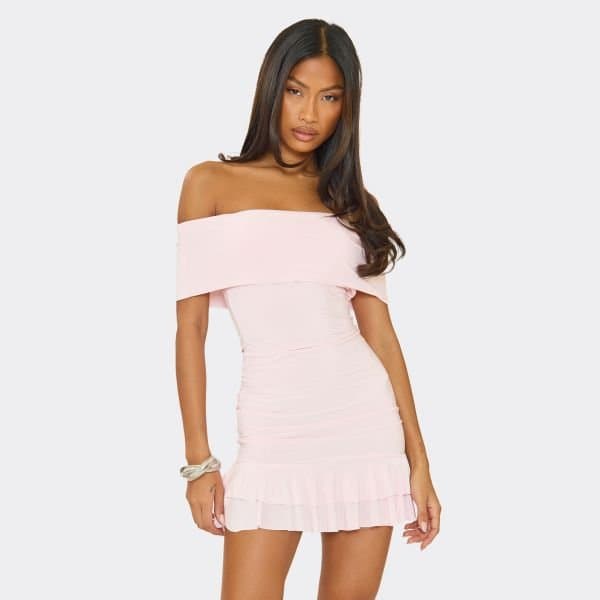 EGO Bardot Open Back Ruched Bum Pleated Detail Mini Dress In Baby Pink, Women's Size UK 6