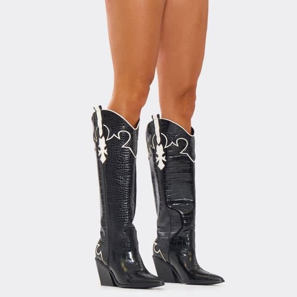 EGO Grandslam Contrast Embroidered Detail Pointed Toe Knee High Western Cowboy Boot In Black Croc Print Faux Leather, Women's Size UK 3