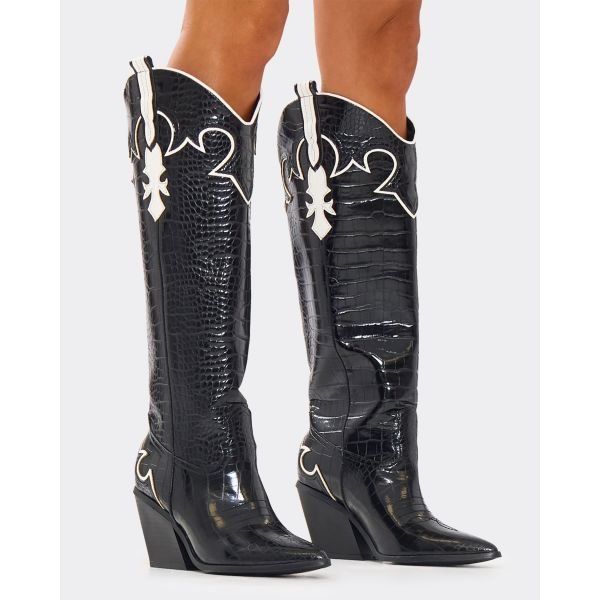 EGO Grandslam Contrast Embroidered Detail Pointed Toe Knee High Western Cowboy Boot In Black Croc Print Faux Leather, Women's Size UK 3 - 2