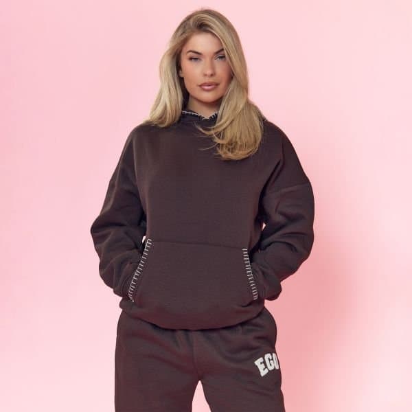 EGO Ego Graphic Back Detail Oversized Hoodie In Chocolate Brown, Women's Size UK 6