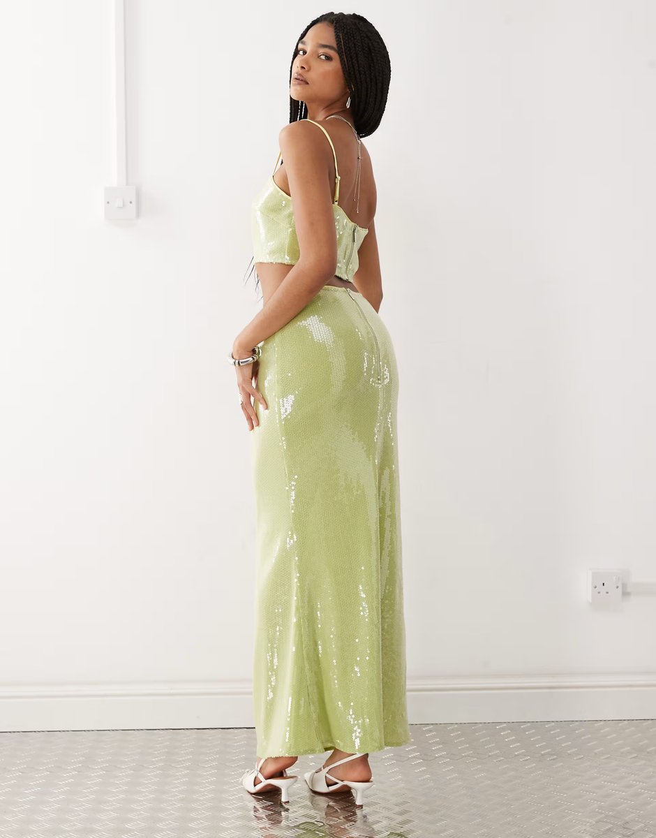 ASOS Amy Lynn ruched waist maxi skirt co-ord in lime green sequin - 4