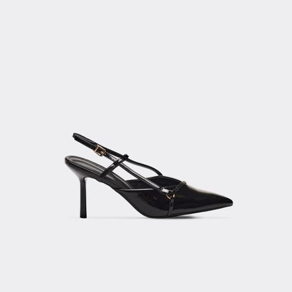 EGO Journey Ring Detail Pointed Toe Slingback Court Heel In Black Patent, Women's Size UK 3
