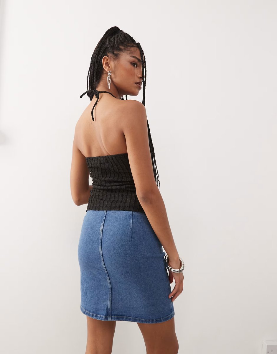 ASOS Noisy May denim mini skirt with slit in in mid blue - 2