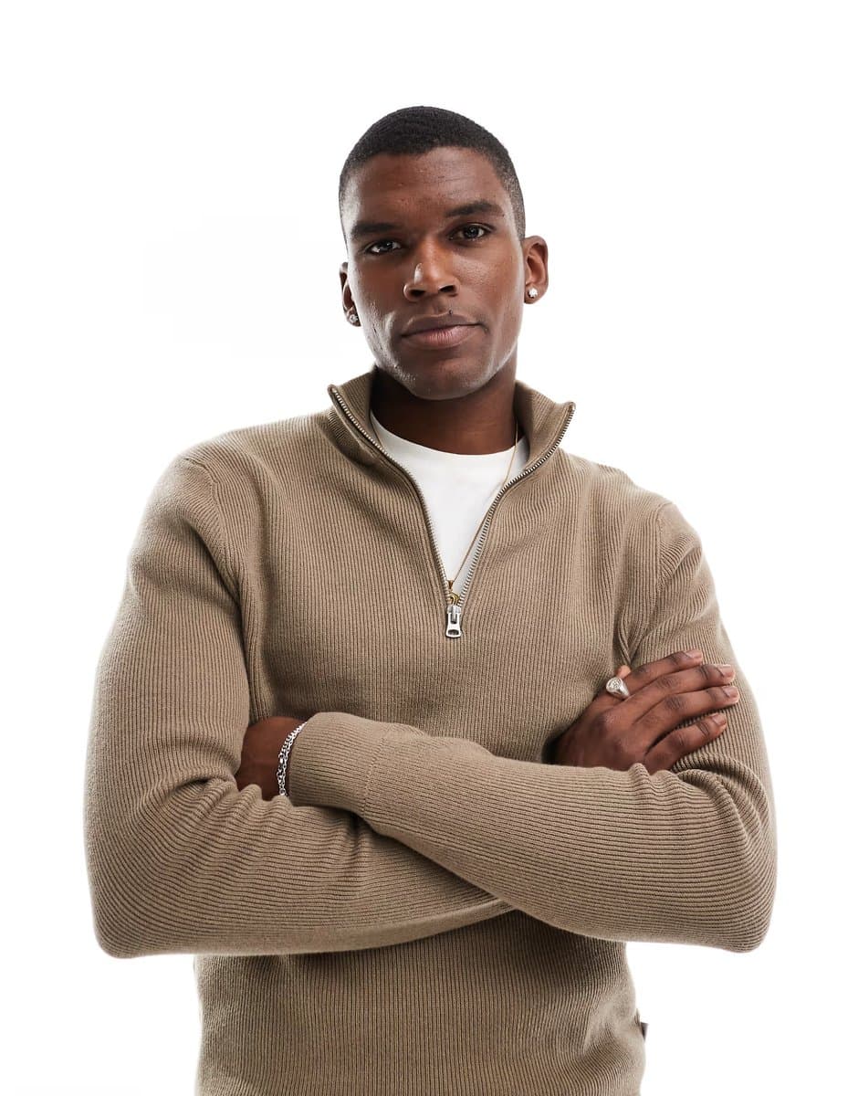 ASOS ONLY & SONS ribbed half zip jumper in light brown