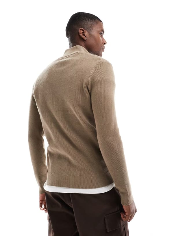 ASOS ONLY & SONS ribbed half zip jumper in light brown - 2