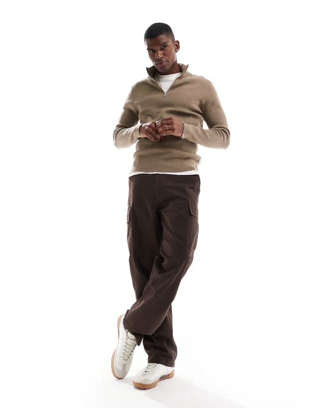 ASOS ONLY & SONS ribbed half zip jumper in light brown - 3