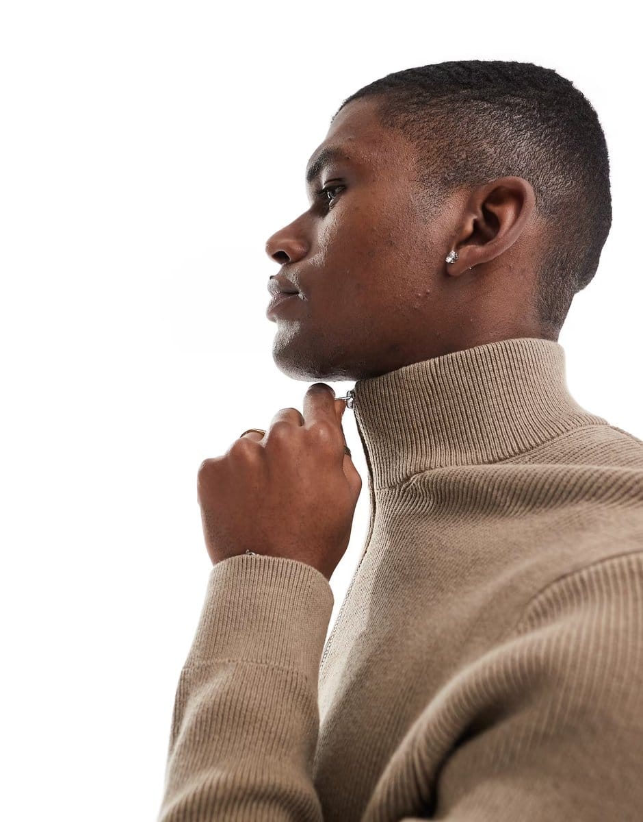 ASOS ONLY & SONS ribbed half zip jumper in light brown - 4