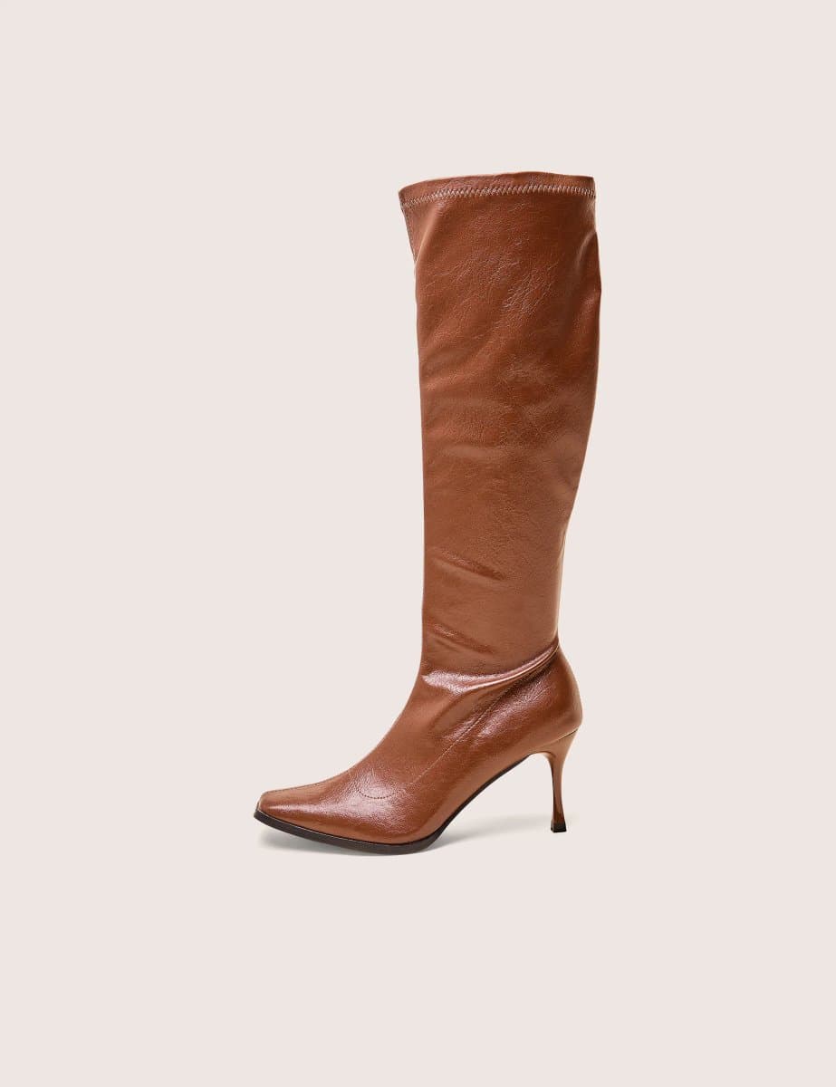 Public Desire Scorpion Chocolate Mid Heel Sock Knee High Boots