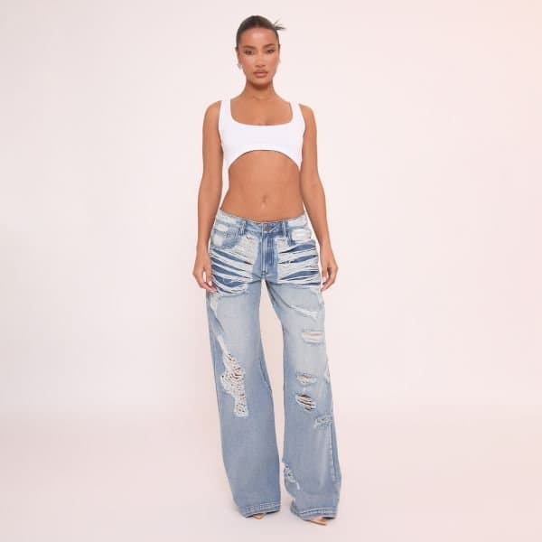 EGO EGO Low Rise Distressed Boyfriend Jeans in Blue Denim