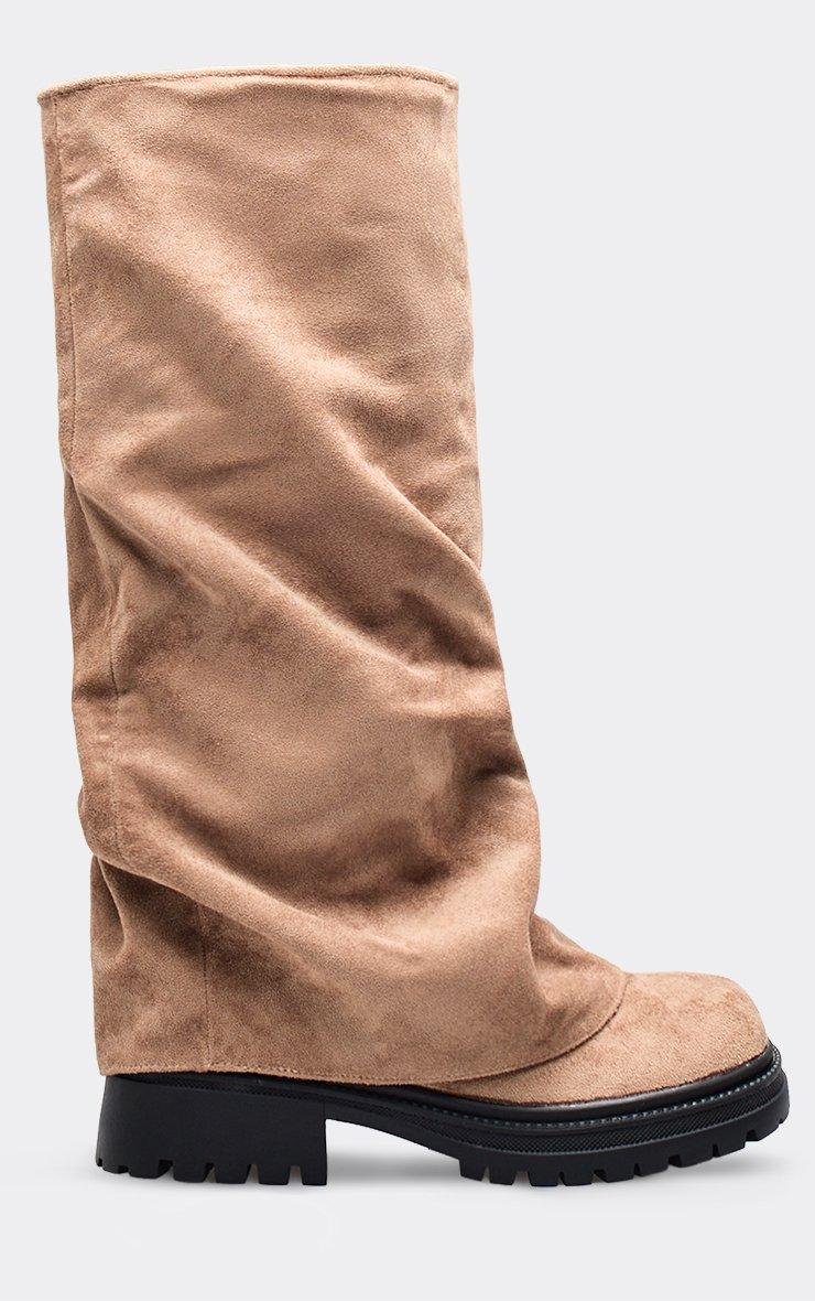EGO Margot Layered Detail Knee High Long Biker Boot In Taupe Faux Suede, Women's Size UK 3 - 2