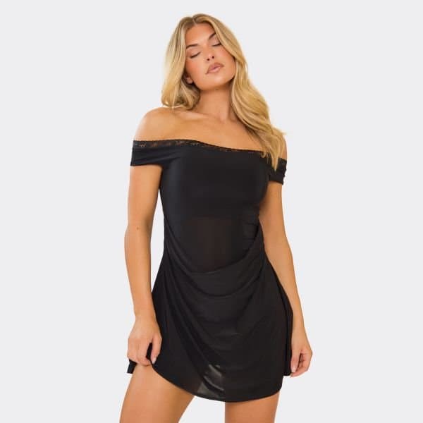 EGO Bardot Lace Trim Draped Detail Skater Mini Dress In Black, Women's Size UK 6